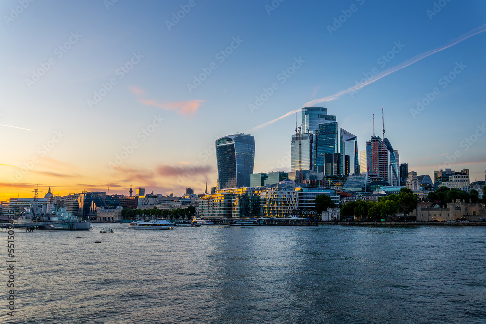 The City of London and the river Thames at sunset, in London, UK