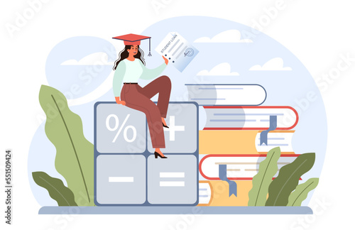 Education loan. Student characters paying debt for education.