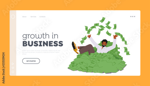Growth in Business Landing Page Template. Rich Male Character Swimming in Huge Pile of Dollars. Successful Businessman