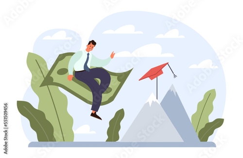 Education loan. Student characters paying debt for education.