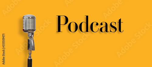 Vintage microphone and a podcast text	
