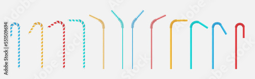 Realistic color drinking straw. Plastic bendy pipes for cold beverages. Flexible paper bar liquid