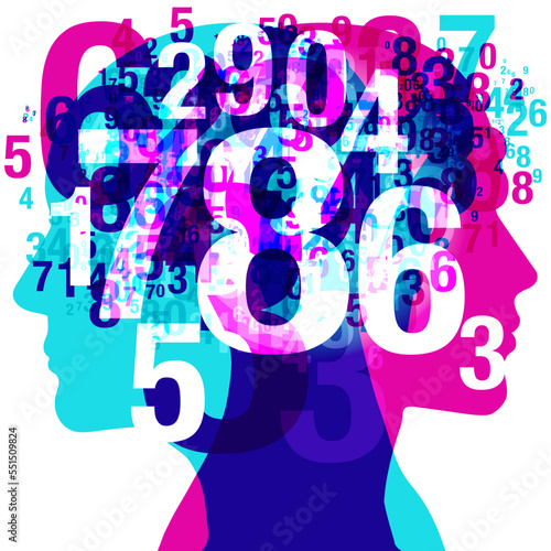 2 humans figure back-to-back silhouettes overlaid with various sized semi-transparent numerals. Overlaid in translucent white are numbers from 0 to 9.