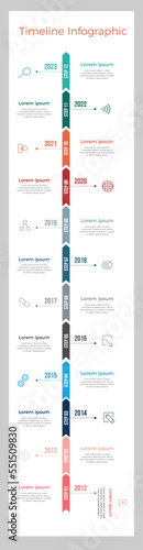 Timeline vertical business infographic template with 12 options. Colorful diagram, vector abstract element timeline infographics.
