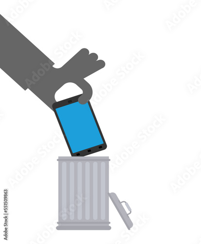 Throw Smartphone in trash. Hand throws telephone into trash can.