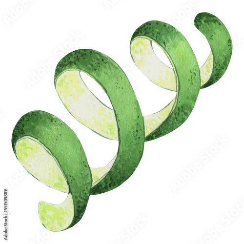 Watercolor illustration of green lime peel. Peeled twisted citrus fruit skin. Isolated on a white background