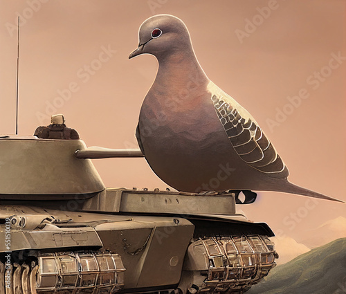 Pigeon stands on combat vehicle. Pigeon on tank. Concept on theme of war and peace. photo