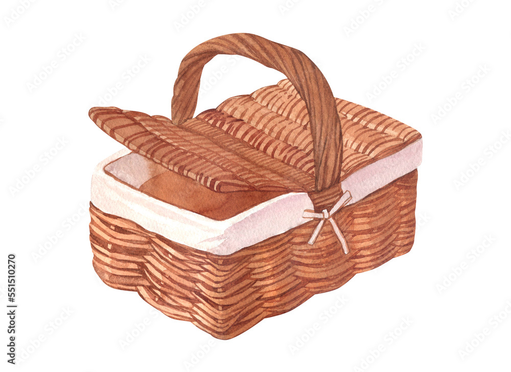 Ilustrace „Watercolor empty wicker picnic basket with handles and lid  isolated on white background. Hand illustration, hand drawn clipart  isolated on a white background.“ ze služby Stock | Adobe Stock