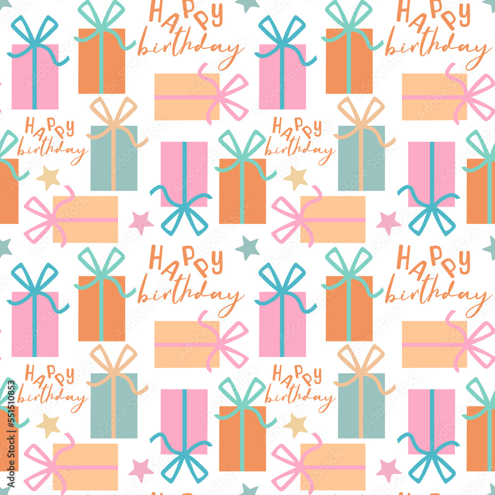 Fototapeta premium Seamless birthday pattern, Party presents seamless print, festive birthday gifts background, Gift boxes, Hand drawn doodle gifts ornament, Cartoon flat design, Party, Birthday, Gifts