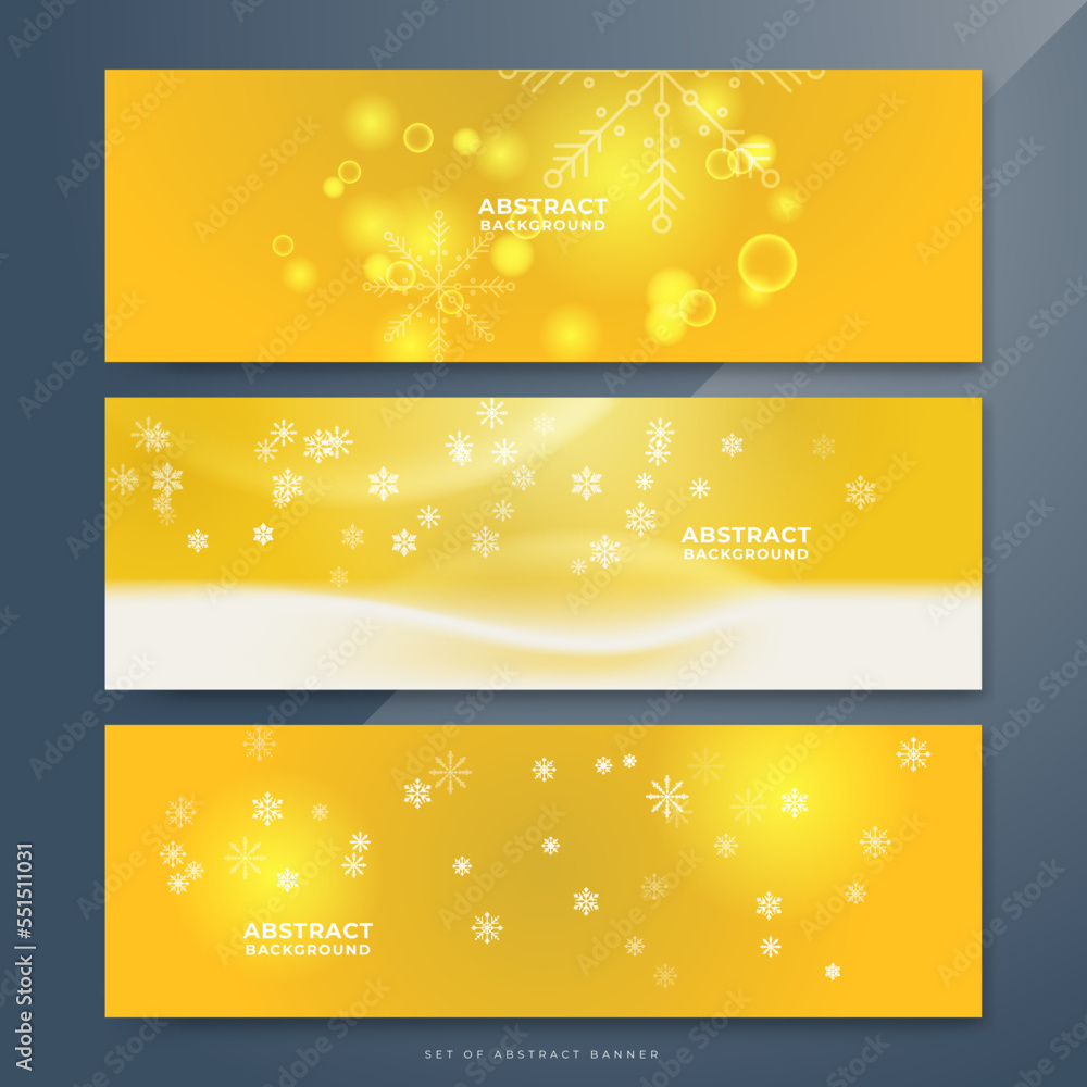 Yellow white christmas wide banner with snowflake bokeh decoration. Winter banner with snowflake. Horizontal new year background, headers, posters, cards, website. Vector illustration Yellow white christmas wide banner with snowflake bokeh decoration. Winter banner with snowflake. Horizontal new year background, headers, posters, cards, website. Vector illustration