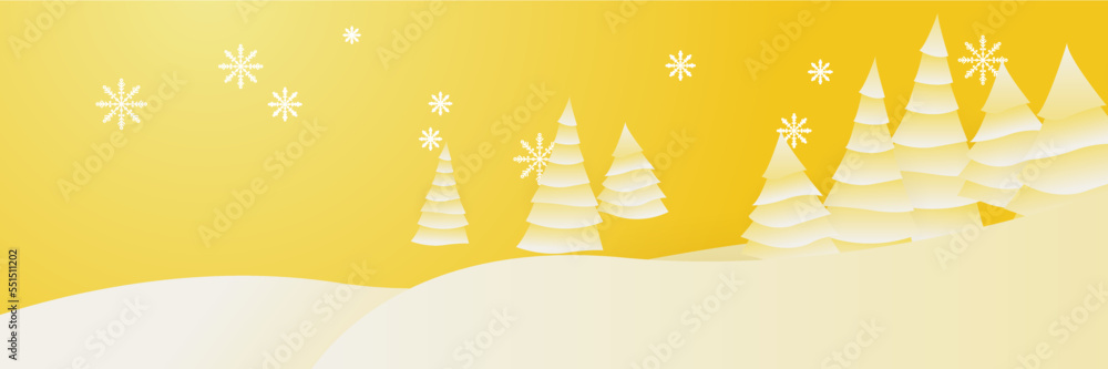 Obraz premium Yellow white christmas wide banner with snowflake bokeh decoration. Winter banner with snowflake. Horizontal new year background, headers, posters, cards, website. Vector illustration