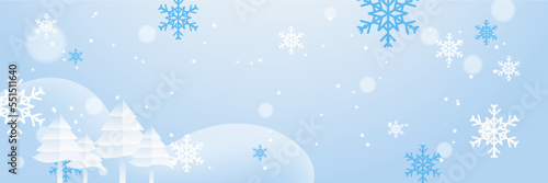 Blue and white christmas banner with snowflakes. Merry Christmas and Happy New Year greeting banner. Horizontal new year background  headers  posters  cards  website. Vector illustration