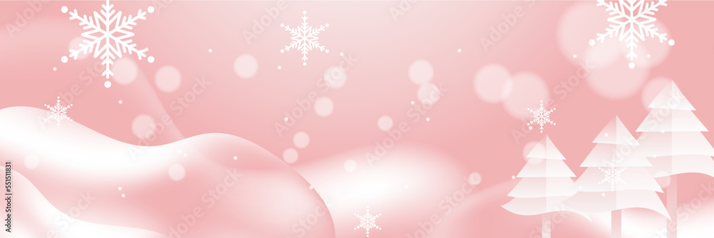 Pink and white christmas wide banner with snowflake bokeh decoration. Winter banner with snowflake. Horizontal new year background, headers, posters, cards, website. Vector illustration Pink and white christmas wide banner with snowflake bokeh decoration. Winter banner with snowflake. Horizontal new year background, headers, posters, cards, website. Vector illustration