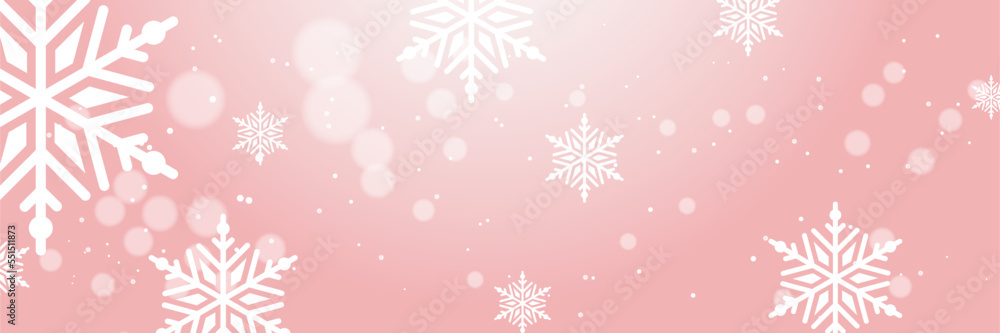 Pink and white christmas wide banner with snowflake bokeh decoration. Winter banner with snowflake. Horizontal new year background, headers, posters, cards, website. Vector illustration Pink and white christmas wide banner with snowflake bokeh decoration. Winter banner with snowflake. Horizontal new year background, headers, posters, cards, website. Vector illustration