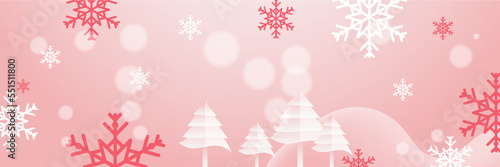 Pink and white christmas wide banner with snowflake bokeh decoration. Winter banner with snowflake. Horizontal new year background  headers  posters  cards  website. Vector illustration