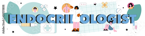 Endocrinologist typographic header. Thyroid gland examination. Doctor examines