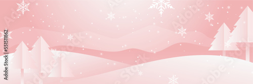 Pink and white christmas wide banner with snowflake bokeh decoration. Winter banner with snowflake. Horizontal new year background  headers  posters  cards  website. Vector illustration