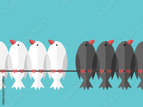 Different birds groups looking in opposite directions. Opposition, difference, struggle, conflict, prejudice and hate concept. Flat design. EPS 8 vector illustration, no transparency, no gradients photo