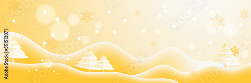 Orange and white christmas wide banner with snowflake bokeh decoration. Winter banner with snowflake. Horizontal new year background, headers, posters, cards, website. Vector illustration
