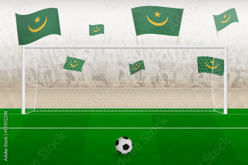 Mauritania football team fans with flags of Mauritania cheering on stadium, penalty kick concept in a soccer match.