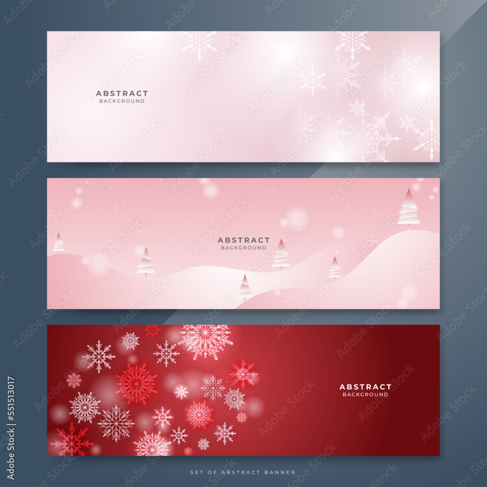 Red and white christmas wide banner with snowflake bokeh decoration. Winter banner with snowflake. Horizontal new year background, headers, posters, cards, website. Vector illustration