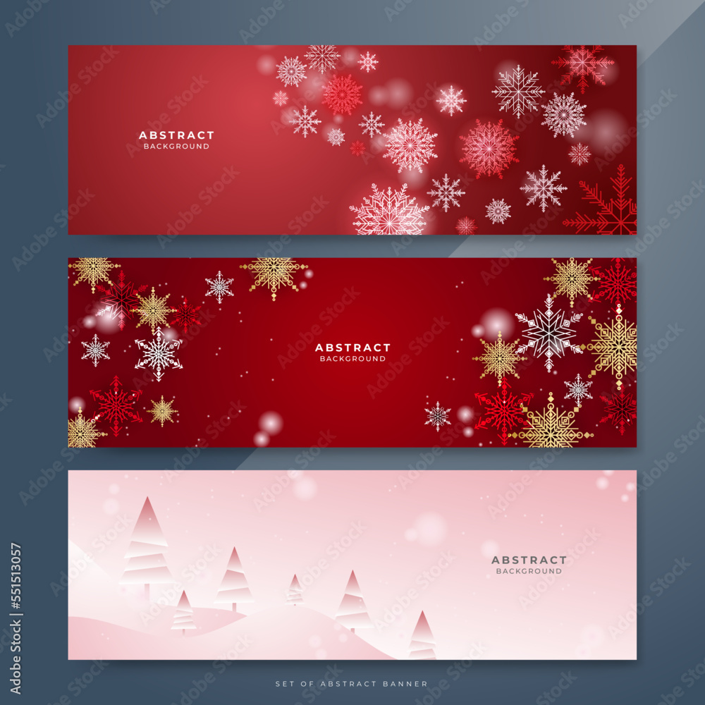 Red and white christmas wide banner with snowflake bokeh decoration. Winter banner with snowflake. Horizontal new year background, headers, posters, cards, website. Vector illustration