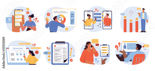 Opinion poll concept set. Phone call and online survey. Assessment