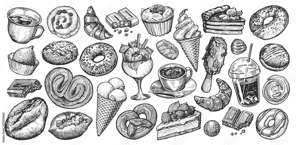 Sweet Dessert set. Food and Drink collection for restaurant or cafe menu. Hand drawn sketch vintage illustration