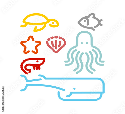 Marine animals set linear symbol icon. Octopus and turtle  fish and shrimp. Whale and starfish. Sea animal line sign