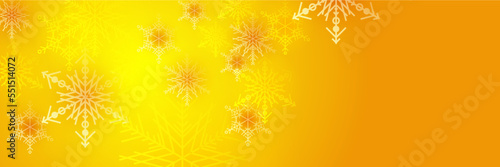 Orange yellow and white christmas wide banner with snowflake bokeh decoration. Winter banner with snowflake. Horizontal new year warm background, headers, posters, cards, website. Vector illustration