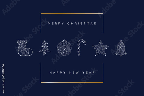 Happy New Year and Merry Christmas greeting card with gold frame and Christmas tree decorations made of lines and dots. New Year background design with different Xmas tree balls. Vector illustration.