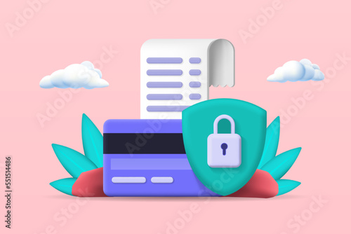 3d bill payment with credit card. bill online payment credit card protection. money financial security for online shopping. Vector 3d illustration