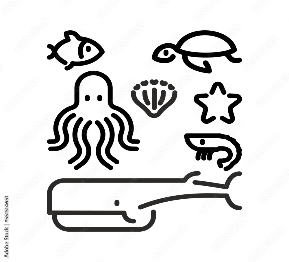 Marine animals set linear symbol icon. Octopus and turtle, fish and shrimp. Whale and starfish. Sea animal line sign Marine animals set linear symbol icon. Octopus and turtle, fish and shrimp. Whale and starfish. Sea animal line sign