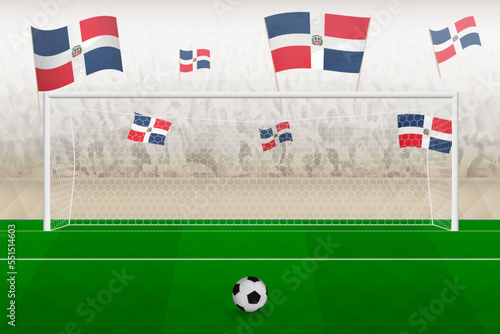 Dominican Republic football team fans with flags of Dominican Republic cheering on stadium, penalty kick concept in a soccer match.