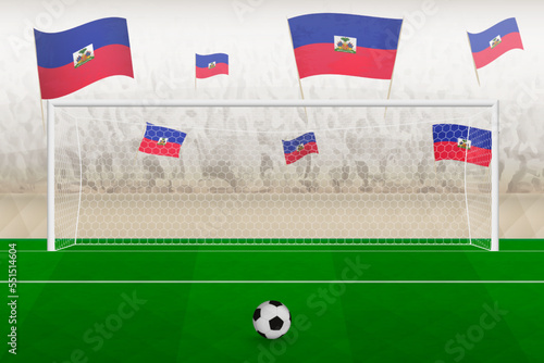 Haiti football team fans with flags of Haiti cheering on stadium, penalty kick concept in a soccer match.