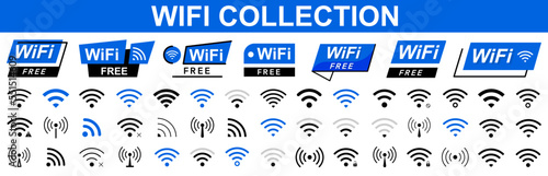 Free wifi icon set. Remote access and radio waves communication symbols. Free wifi signs set. Internet connection symbol. Wifi zone. Modern UI website navigation. Vector illustration