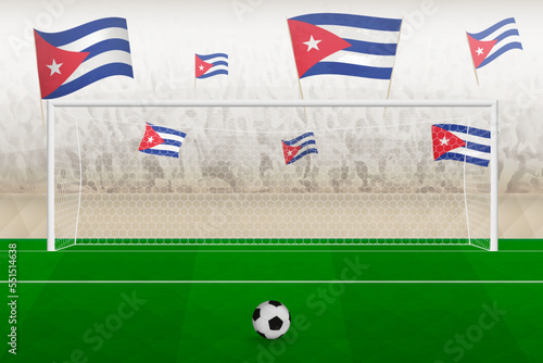 Cuba football team fans with flags of Cuba cheering on stadium, penalty kick concept in a soccer match.