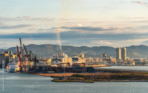 Container Port and Cruise Ships at sunrise in Barcelona, Catalonia, Spain, Europe