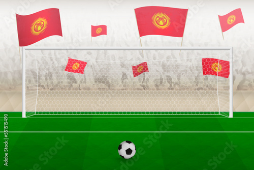 Kyrgyzstan football team fans with flags of Kyrgyzstan cheering on stadium, penalty kick concept in a soccer match.
