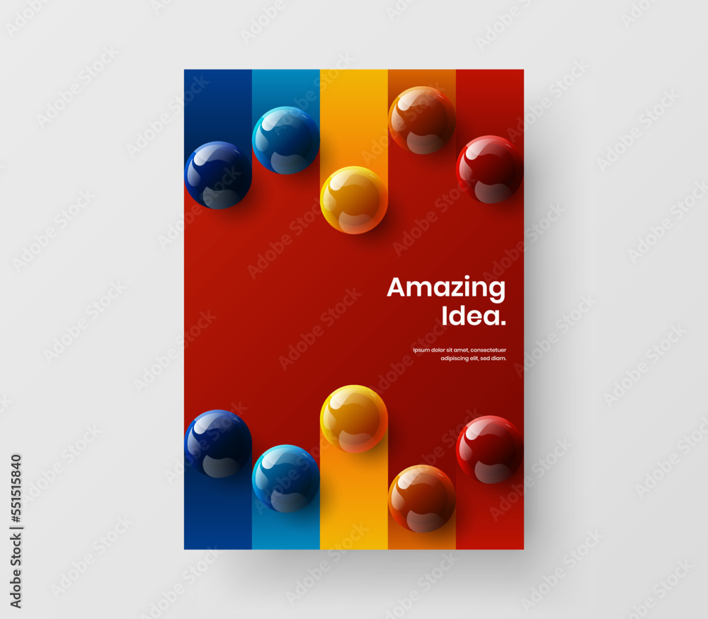 Trendy realistic balls company cover layout. Bright brochure A4 design vector template.
