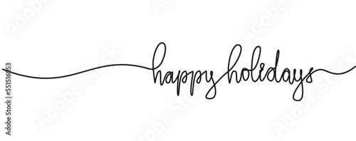 continuous single line drawing of text HAPPY HOLIDAYS isolated on white, line art vector illustration