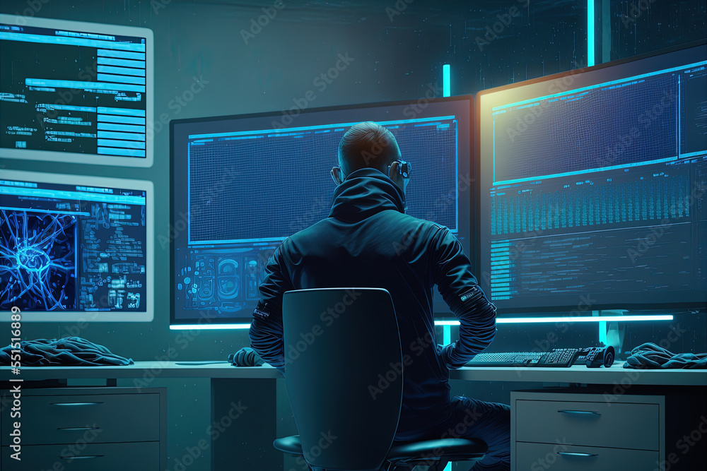 Dangerous Hacker Breaks into Government Data Servers and Infects Their System with a Virus. His Hideout Place has Dark Atmosphere, Multiple Displays, Cables Everywhere. Digital art Dangerous Hacker Breaks into Government Data Servers and Infects Their System with a Virus. His Hideout Place has Dark Atmosphere, Multiple Displays, Cables Everywhere. Digital art