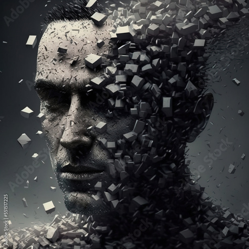 Disintegrating man, tiny disintegrating tessellated cubes photo