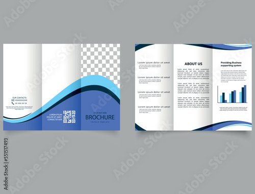 Trifold brochure with blue waves. Advertising leaflet. booklet. Business chart.