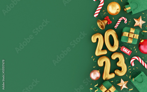 Christmas display, Gold and green christmas ornaments with blank screen. Red background, 2023 typography and gold text . New year sale, the product presentation composition. Winter abstract, 3D render