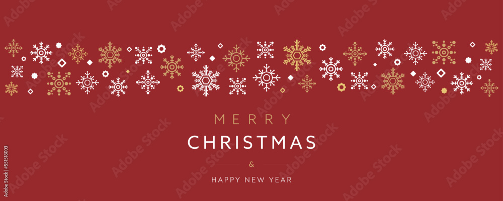 様々な雪の結晶で飾られたクリスマスホリデーバナー広告テンプレート（赤）　Christmas holiday banner ad template decorated with various snowflakes (red)