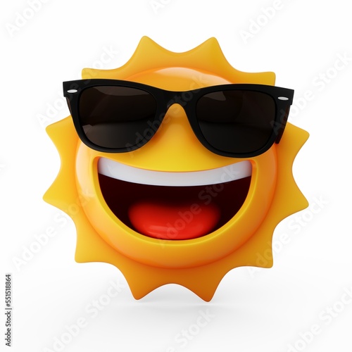 3D Rendering Sun emoji with sunglass isolated on white background