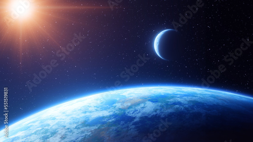 View of the surface of a blue Earth-like terrestrial globe with the moon orbiting above the horizon line in space and the sun in the background. Fantasy and science fiction atmosphere. 3D rendering