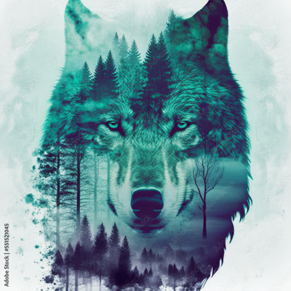 Fototapeta Concept art illustration of grey wolf and forest double exposure