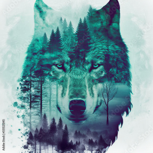Concept art illustration of grey wolf and forest double exposure